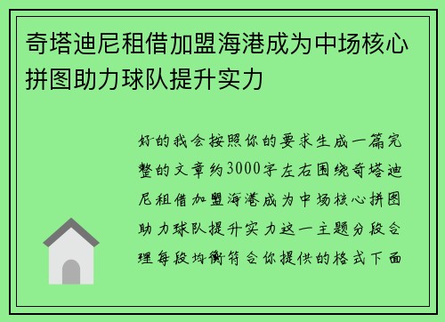 奇塔迪尼租借加盟海港成为中场核心拼图助力球队提升实力